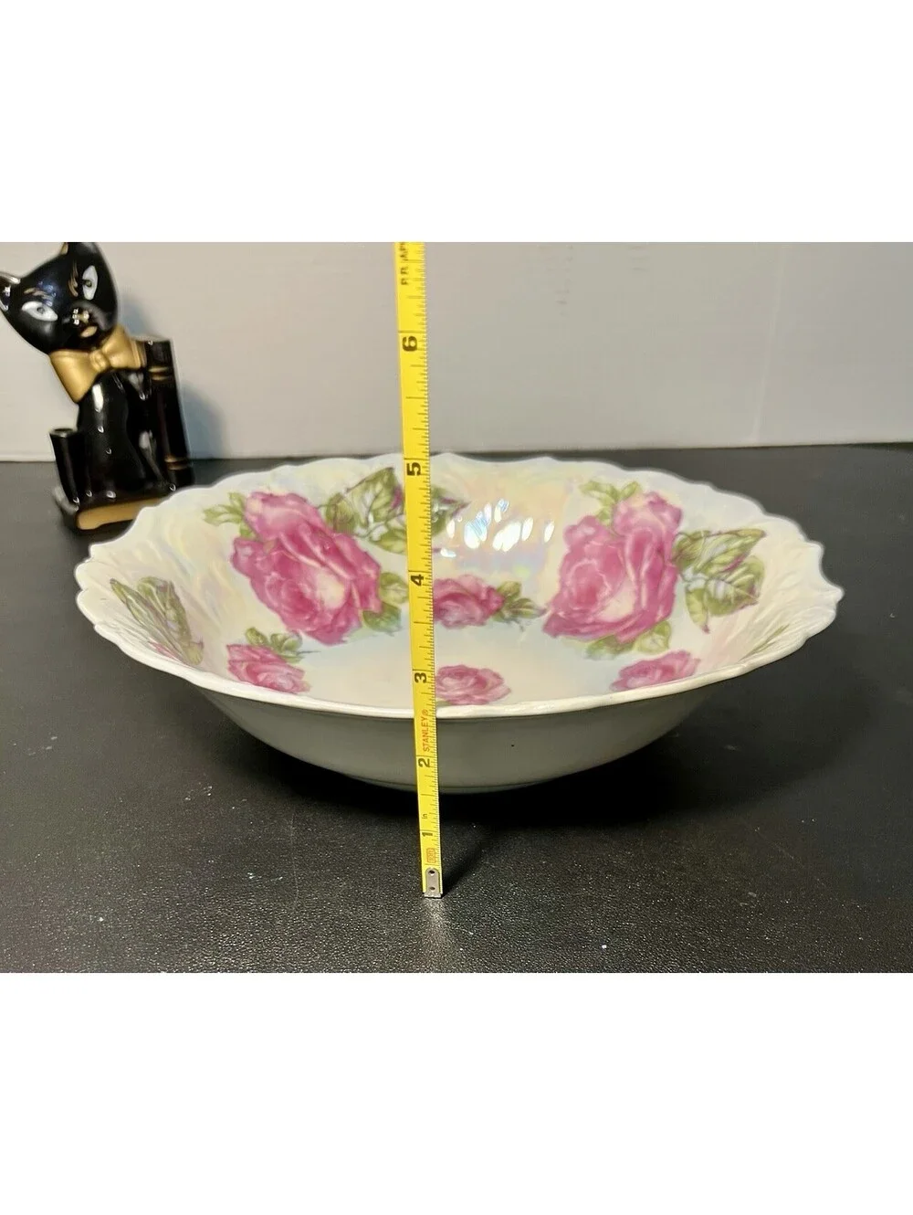 Antique 1910s Serving Bowl Iridescent Lusterware Pink Roses, 10.5x2.5” DAMAGED